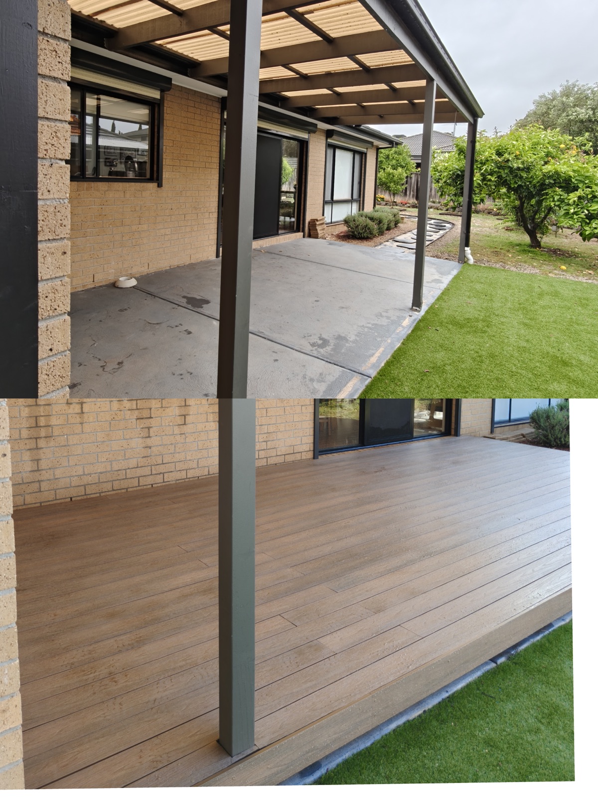 Alfresco slab replaced with composite decking, wall to grass edge.