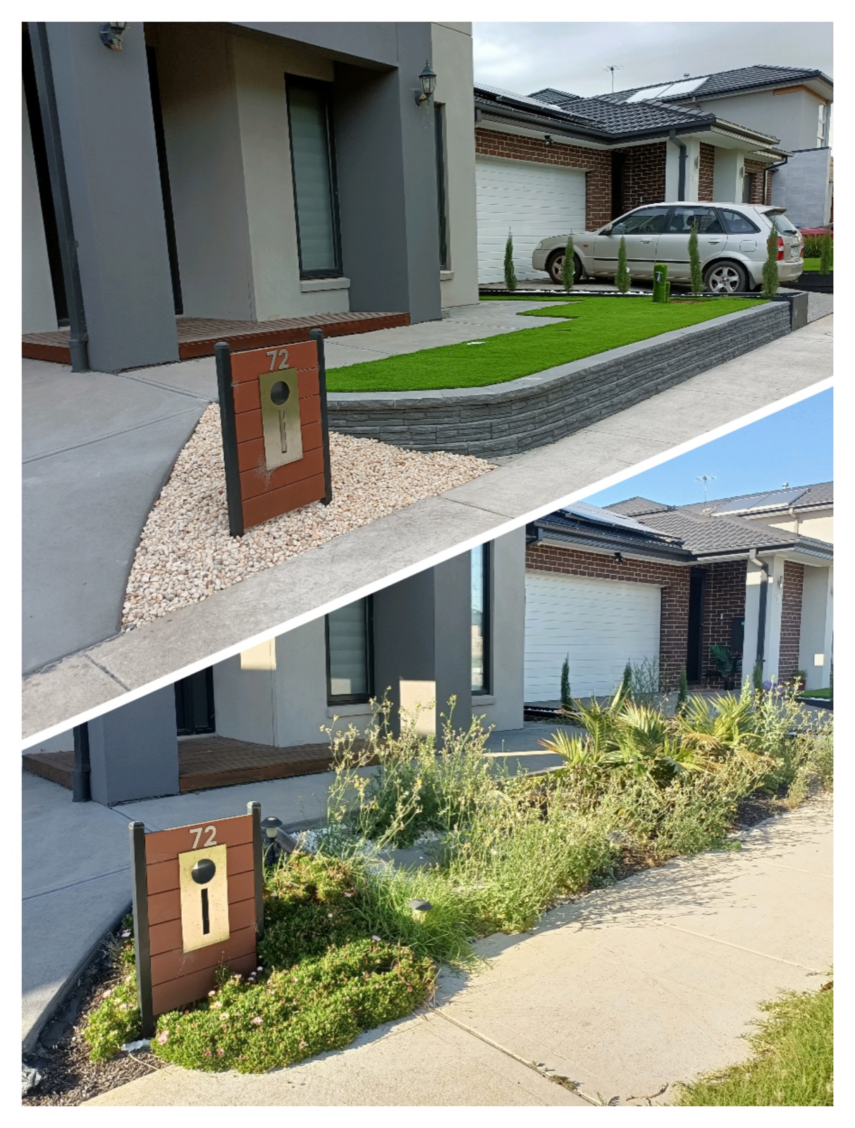 A front garden transformation — from an overgrown weedy patch to a level artificial-grass lawn with a modern retaining wall and pebble border.