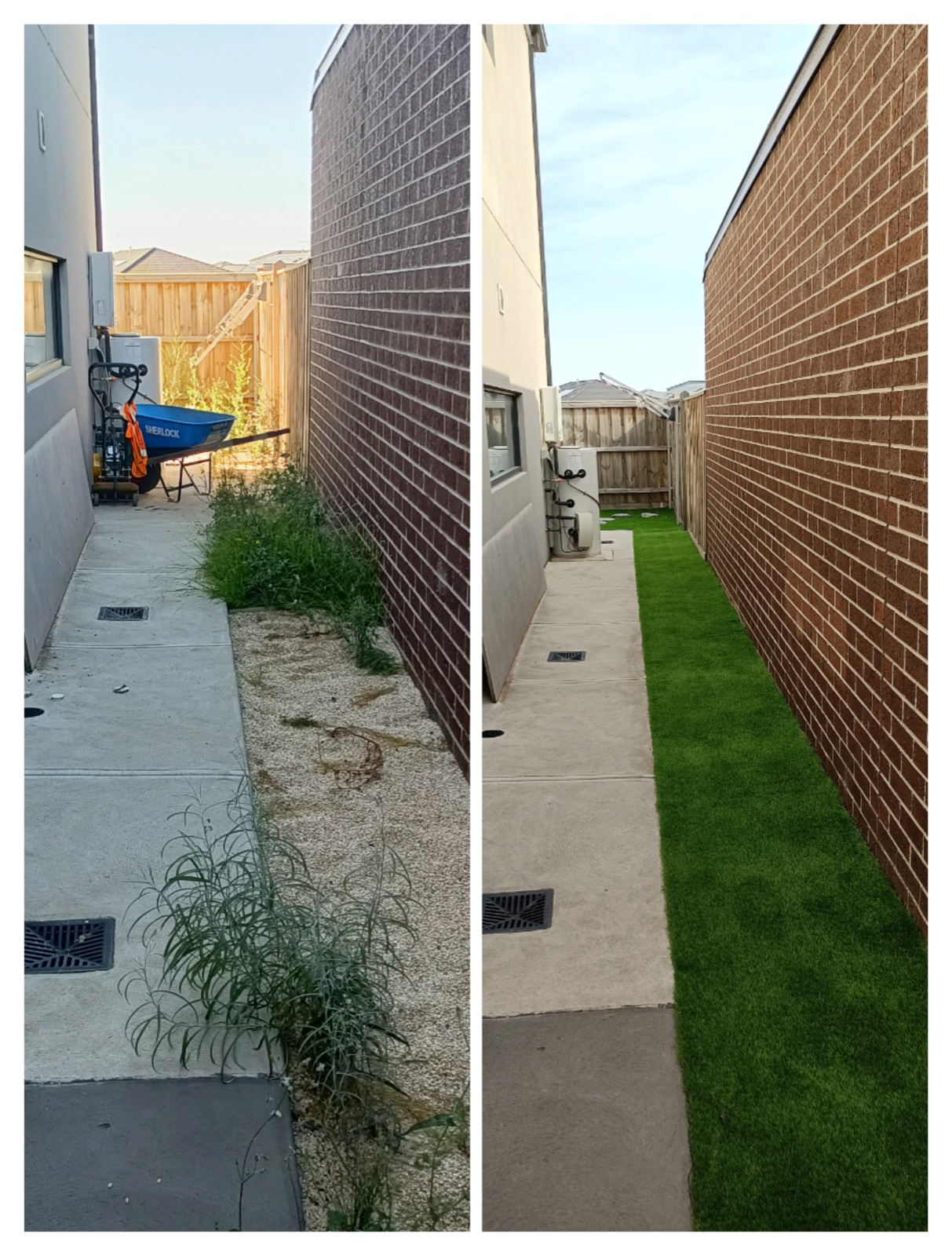 Overgrown narrow side path cleaned up with a strip of artificial grass.
